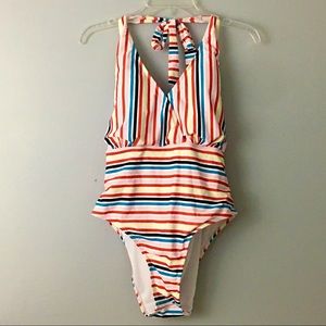 SHEIN Swim One Piece Lace Up Back Bow Stripes